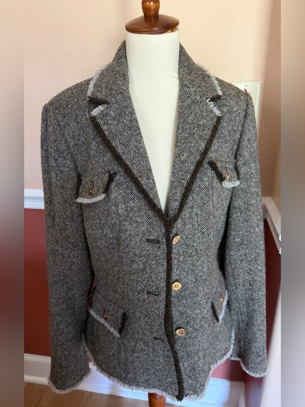 J. McLaughlin Gray Brown Herringbone 100% Wool Blazer with Silk Lining Size 10